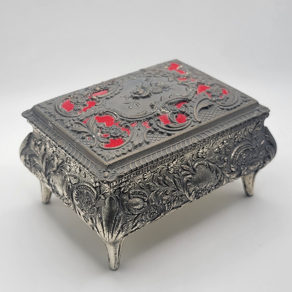Vintage Silver Tone Metal Floral Design Trinket Jewelry Box Red Velvet Interior